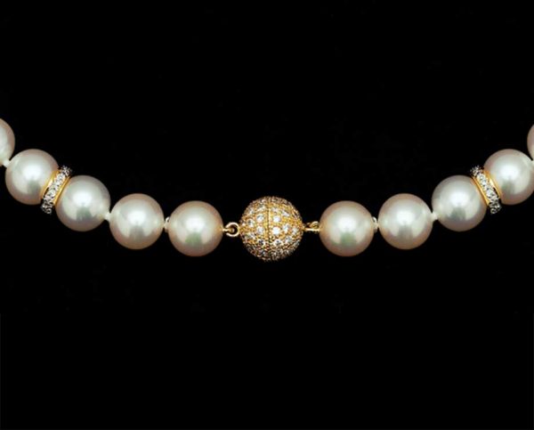 Diamond Ball Pearl Necklace, With 4 X 8mm Rondels