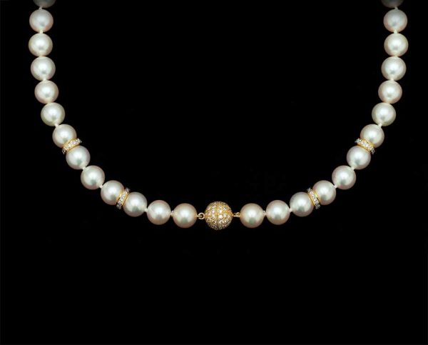 Diamond Ball Pearl Necklace, With 4 X 8mm Rondels