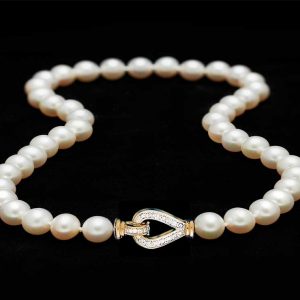 8mm Pearl Necklace with Gold and Diamond Clasp