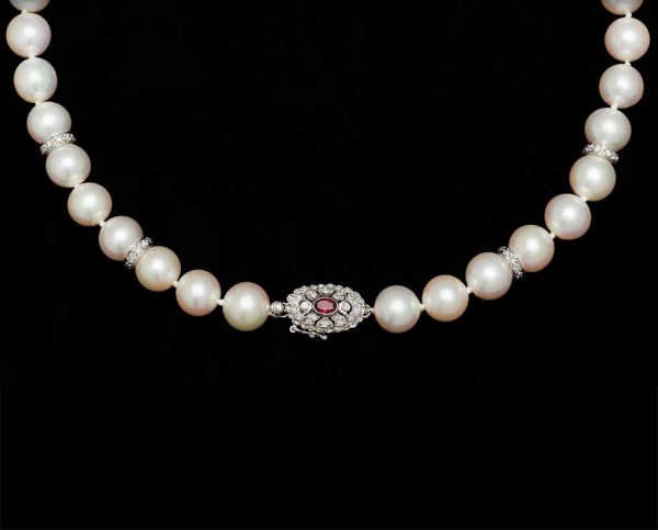 9mm Ruby Pearl Necklace, With 4 X 8mm Rondels
