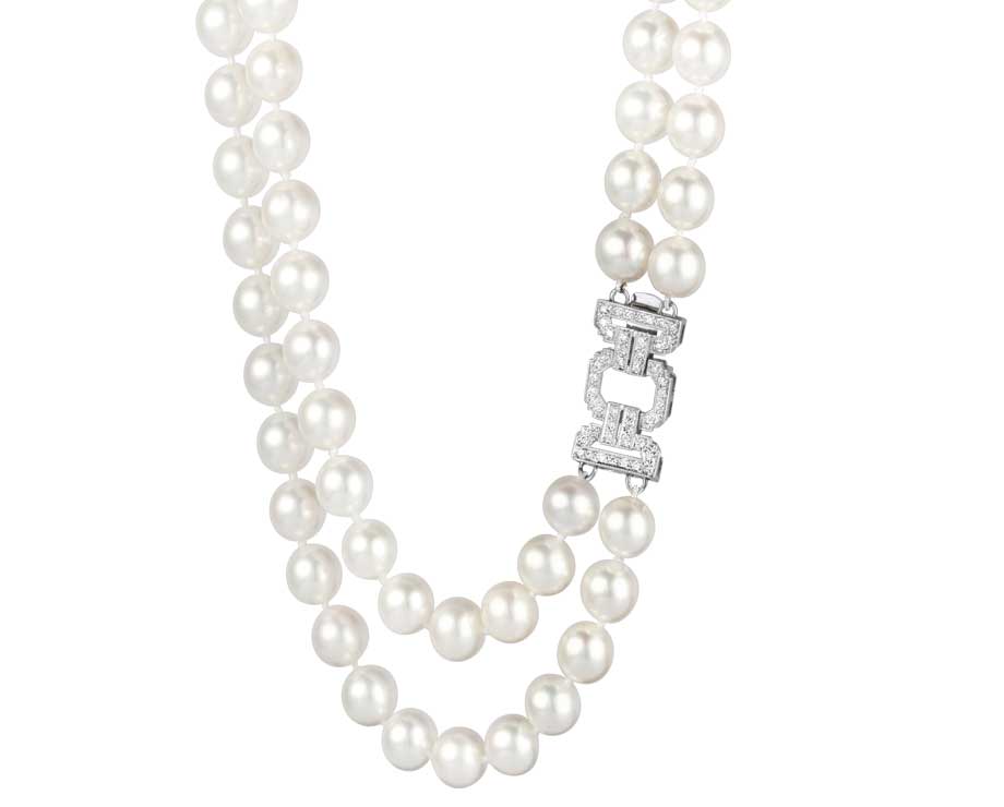 Art Deco Double Strand Pearl Necklace with 14kt Gold, Diamond and Pearl  Clasp — High Style Deco