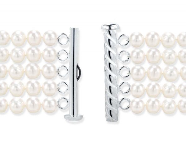 Five Row Pearl Bracelet Strand Silver Rod Clasp