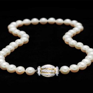 8mm Pearls with Gold and Diamond Barrel Clasp