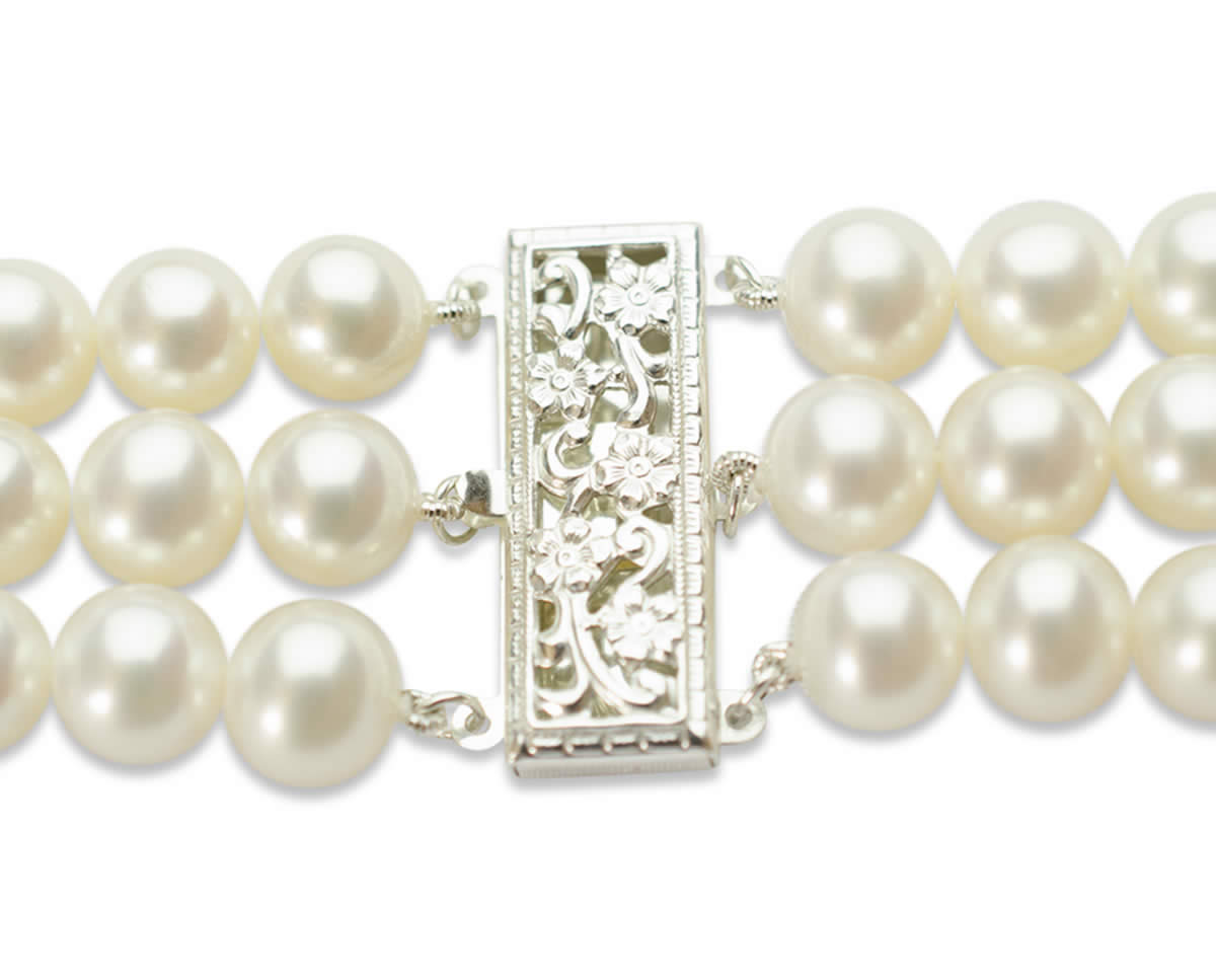 Triple Strand Pearl Silver Bracelet Clasp Pearl & Clasp